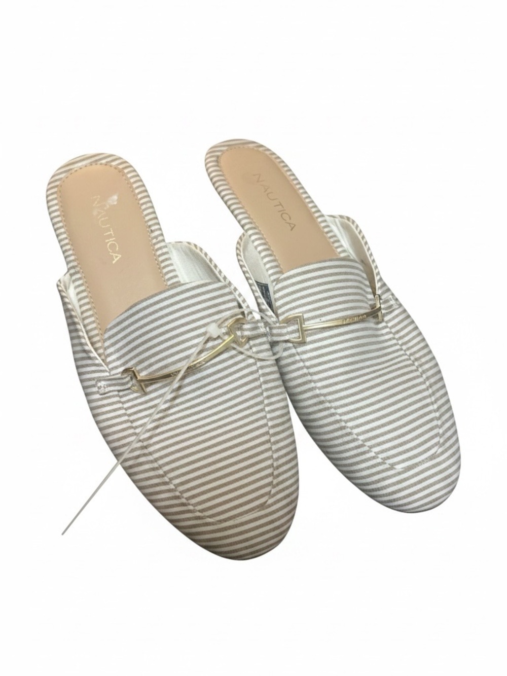 Nautica Women's Gray and White Striped Slip-On Mules with Gold Accent